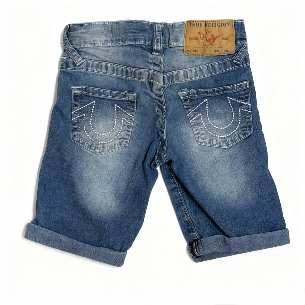 True Religion Boys Denim Shorts Size 5 Adjustable Waist Blue Jean Logo Stitching